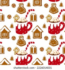 Christmas seamless pattern of gingerbread cookies and a red cocoa mug New Year's background. Print for printing on fabric and posters. Print for wrapping paper