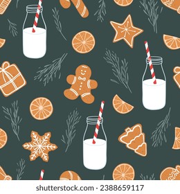 Christmas seamless pattern with gingerbread cookies and milk