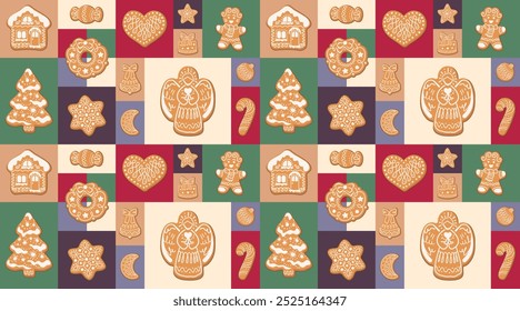 Weihnachten nahtloses Muster mit Lebkuchenkeksen auf hellen geometrischen Formen. Handgezeichnete Vektorgrafik. Print-Design für Weihnachten und Neujahr Design oder hausgemachte Bäckerei Tapete, Textil