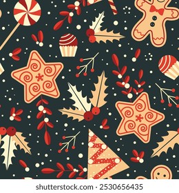Christmas seamless pattern with gingerbread cookies, branches, berries and festive sweets. Vintage decorative Xmas ornament for fabric and gift wrapping paper.