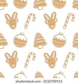Christmas seamless pattern with Gingerbread cookies. Winter vector design for wrapping paper, fabric, holiday decorations. Christmas tree, deer, ball, gingerbread man, Candy Cane. Happy new year