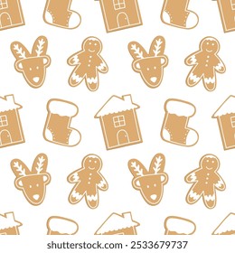 Christmas seamless pattern with Gingerbread cookies. Winter vector design for wrapping paper, fabric, holiday decorations. Christmas Stocking, deer, house, gingerbread man. Happy new year