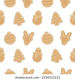 Christmas seamless pattern with Gingerbread cookies. Winter vector design for wrapping paper, fabric, holiday decorations. Christmas tree, deer, ball, snowman. Happy new year