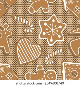 Christmas Seamless Pattern with Gingerbread Cookies. Holiday Print. Gingerbread houses, deer, heart, Gingerbread Man, Star. Winter Background. Vector illustration on Caramel Knitted Background