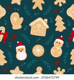 Christmas seamless pattern with gingerbread cookies. Cute vector illustration.