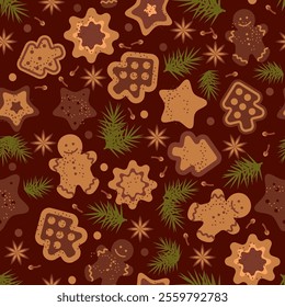 Christmas seamless pattern with gingerbread cookies on chocolate background. Delicious treats for the holiday. Flat style. Vector illustration.