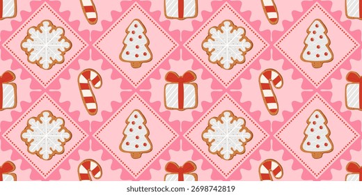 Christmas seamless pattern with gingerbread cookies in the shape of a Christmas tree, candy cane, gift box and snowflakes in glaze. Pink Xmas background for print, fabric, wallpaper or wrapping paper.
