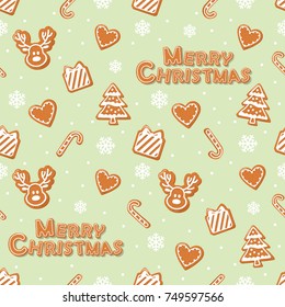Christmas seamless pattern. Gingerbread cookies and snowflakes on light green. Vector