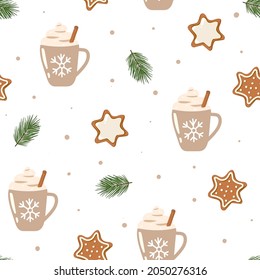 Christmas seamless pattern with gingerbread, cup of cappuccino, cinnamon stick, spruce branch.  Winter flat vector for wrapping paper, background, greeting card
