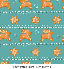 Christmas seamless pattern with gingerbread deers and snowflakes on blue background. Winter holidays, X-mas, New Year concept for wallpaper, wrapping, print. Vector 10 EPS illustration.