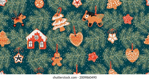 christmas seamless pattern with gingerbread, fir branches and snow, vector design for paper, fabric and other surfaces