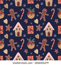 Christmas seamless pattern with gingerbread and gifts, winter design