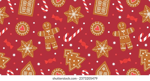 Christmas seamless pattern with gingerbread. Holiday winter background with cookies and candies. Flat vector illustration.