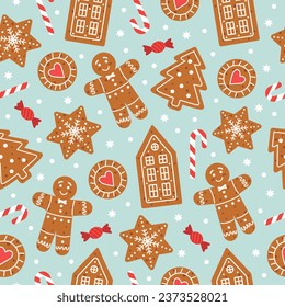 Christmas seamless pattern with gingerbread. Holiday winter background with cookies and candies. Flat vector illustration.