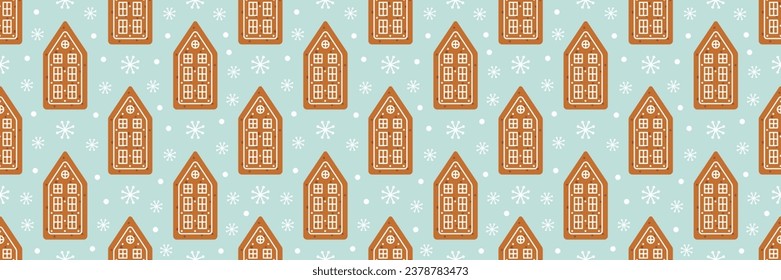 Christmas seamless pattern with gingerbread. Holiday winter background with gingerbread houses. Flat vector illustration.
