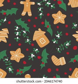 Christmas seamless pattern with gingerbread holly and mistletoe. Beautiful Christmas pattern for decorating kitchen textiles. Flat vector illustration.
