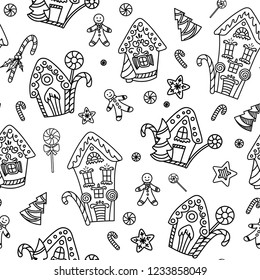 Christmas seamless pattern with gingerbread house, candy canes and lollipops. Hand drawn doodle style. Black and white vector illustration. Isolated on white background. Perfect for coloring pages