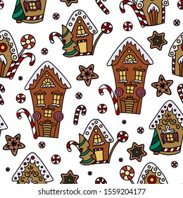 Christmas seamless pattern with gingerbread house, candy canes and lollipops. Hand drawn doodle style. Vector illustration. Isolated on white background. Perfect for wrapping paper, fabric print