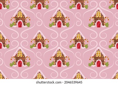 Christmas seamless pattern with gingerbread house and curls on a powdery background. Christmas gingerbread treat with sweets, lollipops and cream. Vector illustration