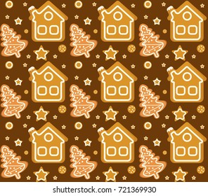 Christmas seamless pattern with gingerbread house and cookie. Cookies endless texture. Winter Holidays, wallpaper, background. Vector illustration