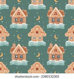 Christmas seamless pattern of gingerbread houses with snow and moon. Festive background in flat cartoon style. Vector