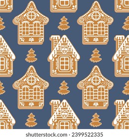 Christmas Seamless pattern of gingerbread houses and fir trees. Festive background in flat cartoon style. Vector