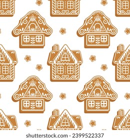 Christmas Seamless pattern of gingerbread houses and fir trees. Festive background in flat cartoon style. Vector