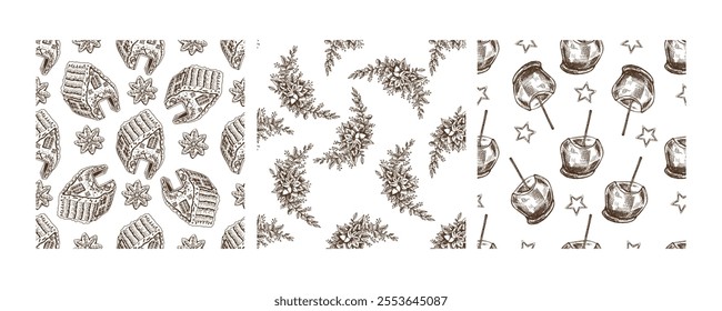 Christmas seamless pattern with gingerbread houses, poinsettias, and candy apples