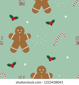 Christmas seamless pattern with gingerbread man cookie, cane candy, holly, and stars vector illustration