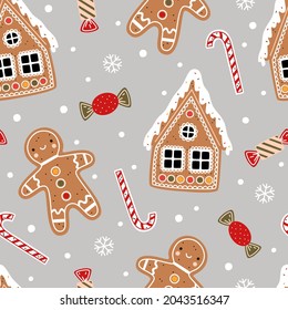 Christmas seamless pattern. Gingerbread man, candy cane, gingerbread house, candies, snowflakes on a grey background