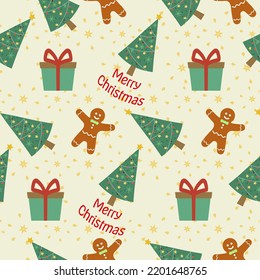 Christmas seamless pattern with gingerbread man and christmas tree on beige background. Seasonal celebration abstract surface. Christmas character vector illustration.