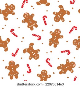 Christmas seamless pattern with gingerbread man and woman and candy canes on white background. Winter holiday theme. Vector illustration in flat style.