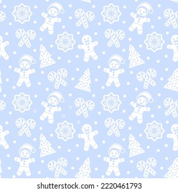 Christmas seamless pattern with gingerbread man cookies. Snow flake, Christmas Tree, candy cane. Graphic design element for packaging paper, prints, scrapbooking. Vector illustration