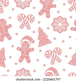 Christmas seamless pattern with gingerbread man cookies. Snow flake, Christmas Tree, candy cane. Graphic design element for packaging paper, prints, scrapbooking. Vector illustration
