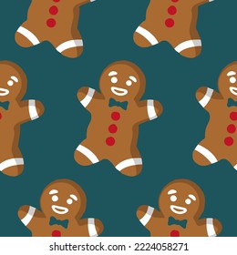 Christmas seamless pattern with gingerbread man cookies on a dark teal green background. Funny gingerbread cookies in cartoon style. A cute pattern for a wallpaper, wrapping paper, textile print etc.