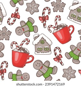 Christmas seamless pattern with gingerbread man, candy cane, house, warm drink mug . Hand drawn vector illustration.