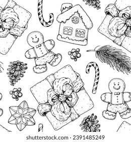 Christmas seamless pattern with gingerbread man, candy cane, house, gift box . Hand drawn. Vector illustration.