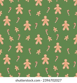 Christmas seamless pattern with gingerbread man and candy cane, with changeable background color. Vector flat illustration for print and design