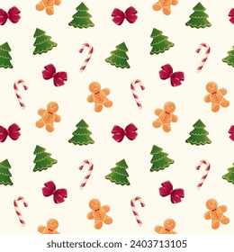 Christmas seamless pattern with gingerbread man cookie, candy cane, bow, Christmas tree. Background illustration with Christmas decoration