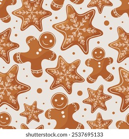 Christmas seamless pattern with gingerbread man and star. Winter festivities design, cartoon illustration, cute characters