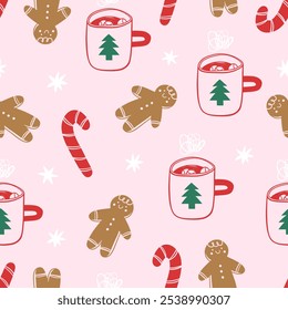 Christmas seamless pattern with gingerbread man, candy cane and Holiday mug. Vector illustration