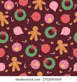 Christmas seamless pattern with a gingerbread man, festive wreath, and holiday decorations. Winter design for gift wrapping or textiles. Vector.