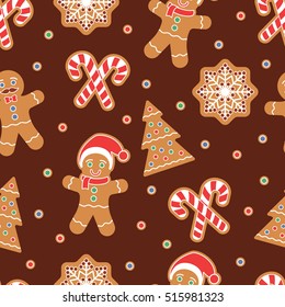 Christmas seamless pattern. Gingerbread man cookies. Snow flake, Christmas Tree, candy cane. Graphic design element for packaging paper, prints, scrapbooking.