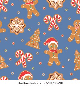 Christmas seamless pattern. Gingerbread man cookies. Snow flake, Christmas Tree, candy cane. Graphic design element for packaging paper, prints, scrapbooking. Holiday themed design