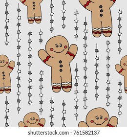 Christmas seamless pattern. Gingerbread man with  star garland on a grey background