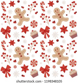 Christmas seamless pattern with gingerbread mans, snowflakes, candy canes, berries, flowers and sweets on white background. Vintage decorative Xmas ornament for fabric and gift wrapping paper.