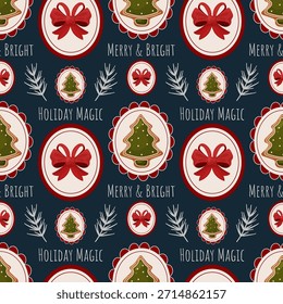 Christmas Seamless Pattern with Gingerbread Medallions, Bows and Holiday Lettering. Suitable for wrapping paper, textiles, wallpapers, stationery, packaging, branding and seasonal design