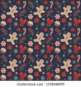 Christmas seamless pattern with gingerbread men, snowflakes, candy canes, berries, flowers and sweets on dark background. Vintage decorative Xmas ornament for fabric and gift wrapping paper.