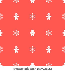 Christmas seamless pattern with gingerbread men on red background. Vector illustration. Winter pattern. For web design, wrapping paper, scrapbooking, for printing on clothes, textile, package, cups.