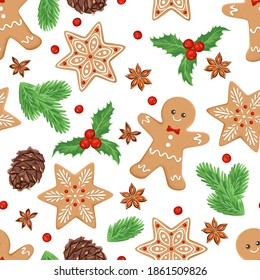 Christmas seamless pattern. Gingerbread men, green fir branches, pine cones, snowflake cookies, holly berries and anise stars isolated on white background. Festive cartoon flat vector illustration.